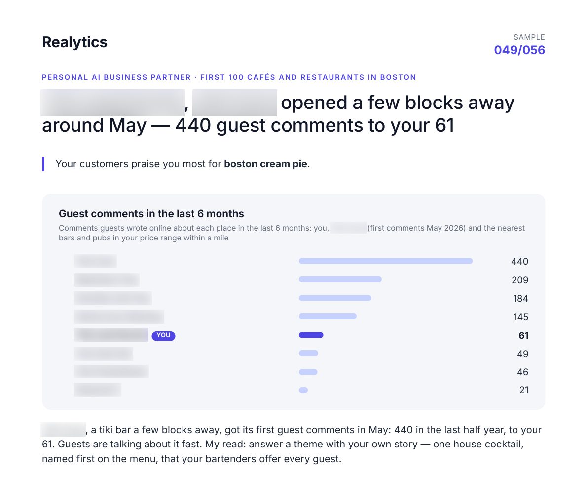 Sample report for a Boston pub, names blurred: its Boston cream pie gets the most praise, and a new tiki bar opened a few blocks away